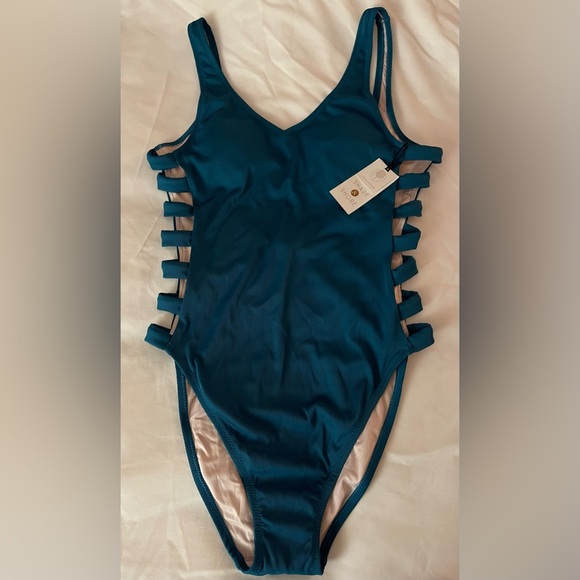 •Medium• New Target Shade & Shore Teal Ribbed Strappy Side One Piece Swimsuit - Picture 1 of 11
